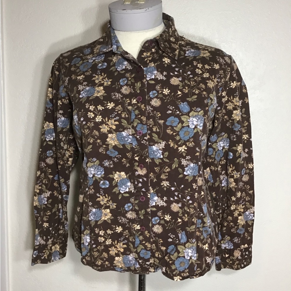 LEMON GRASS STUDIO BROWN FLORAL CANVAS Sz XL Women’s Button Cuffed Casual.